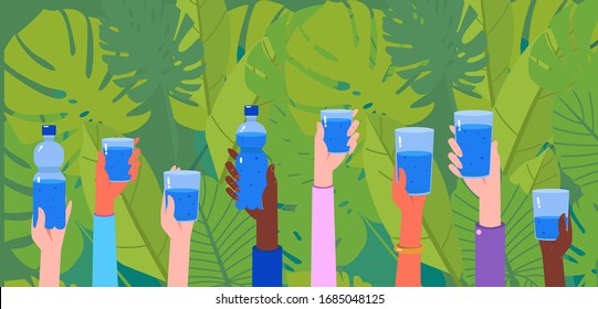 People of different nationalities holding glasses and bottles of clean water, who is thirsty? clean water for everyone, drinking water, potable water
