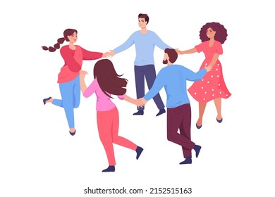 Personas de diferentes nacionalidades se toman de la mano. Personas multiculturales rodean el baile juntos de ilustración plana vectorial. Comunicación internacional, concepto de amistad para banner, diseño de sitio web