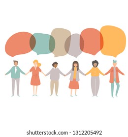 People of different nationalities including afro american, european, asian staying in line and holding each other hands with dialog bubbles. Crowd of people showing friendship, teamwork, tolerance