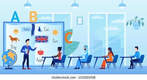 People of different nationalities are learning English. The teacher explains the basics. Students sit at desks. In the office. They communicate with each other. Flat vector cartoon illustration