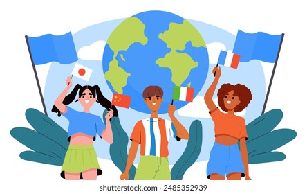 People of different nationalities. Man and woman with flags stand against background of globe. Young guy from Italy and girls from Japan, China and France. Flat vector illustration