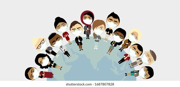 People of different nationalities in medical face masks on the globe. Cartoon illustration on coronavirus theme.