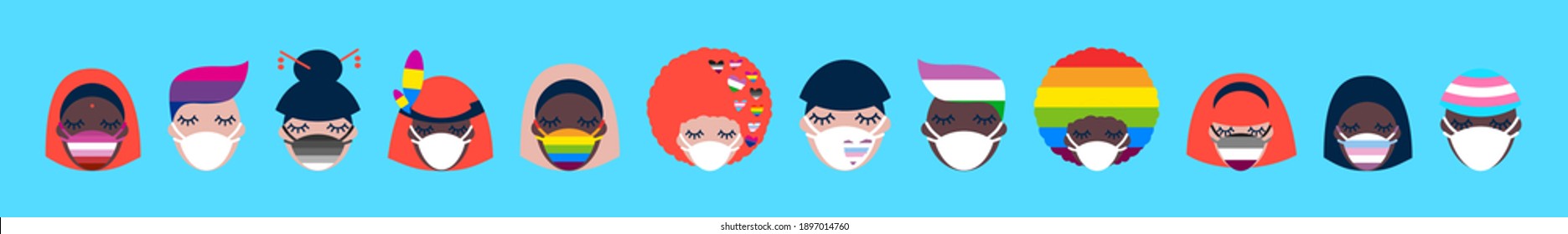 people of different nationalities in medical face masks. LGBTQ Pride Month. Coronavirus pandemic. Covid-19