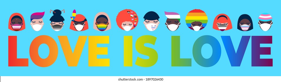 people of different nationalities in medical face masks. LGBTQ Pride Month. Coronavirus pandemic. Covid-19 love is love. happy pride day. rainbow flag. Valentine's Day