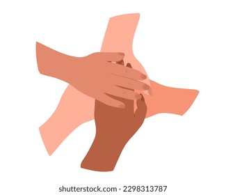 People of different nationalities put their hands on each other, symbolizing their unity and support. A team of people dedicated to productive work.