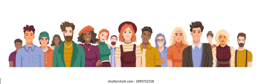People from different nationalities and races. Isolated diverse society, mob of youth. Adults gathered together. Portraits of males and females with smile on faces. Cartoon character, vector in flat