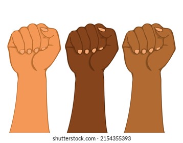 People of different nationalities and races raise up fists. Protest, stop racism, equality concept. Fight for your rights. Black lives matter. Human hands with clenched fists. 