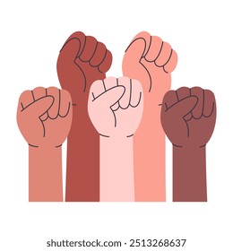 Personas de diferentes nacionalidades y razas levantan puños. Protesta, igualdad racial. Lucha por tus derechos. Manos humanas con los puños apretados. Ilustración vectorial en estilo plano