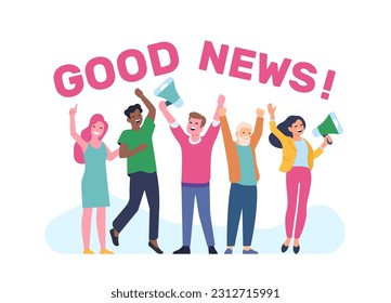 People of different nationalities rejoice in good news. Positive announce. Men and women group with megaphones. Multiethnic persons. Event celebration. Lettering phrase