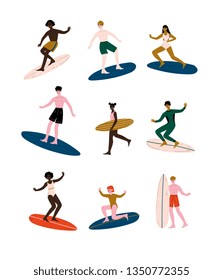 People of Different Nationalities Riding Surfboards set, Male and Female Surfers Enjoying Summer Vacation on Sea or Ocean Vector Illustration