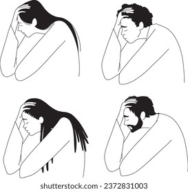 People of different nationalities are sad, line vector illustration. Vector illustration