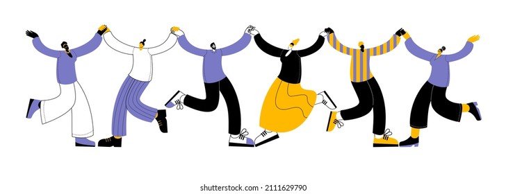 People of different nationalities and different skin colors holding hands. Horizontal vector illustration on the theme of multiculture and friendship between peoples.