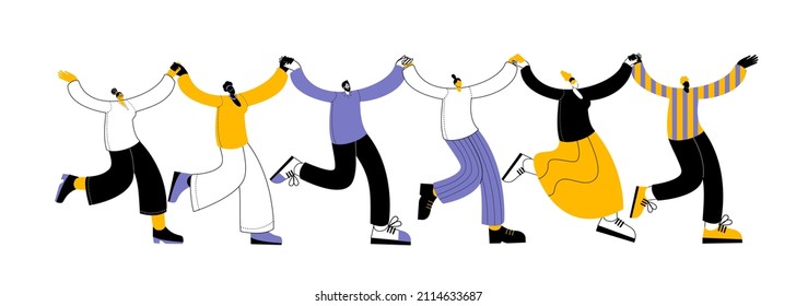 People of different nationalities and different skin colors holding hands. Horizontal vector illustration on the theme of multiculture and friendship between peoples.