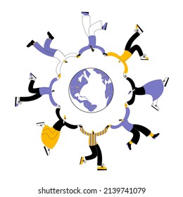 People of different nationalities and different skin colors are holding hands suddenly planet Earth. Vector illustration on the theme of multiculturalism and friendship between peoples.