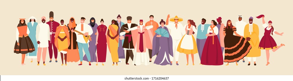 People of different nationalities in traditional costumes. Multicultural society vector illustration