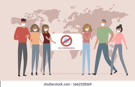 People of different nationalities in white medical face mask. Concept of coronavirus COVID-19 quarantine, Travel Alert. Editable vector illustration. 