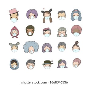 People of different nationalities in white medical face mask  for prevent virus. Coronavirus quarantine