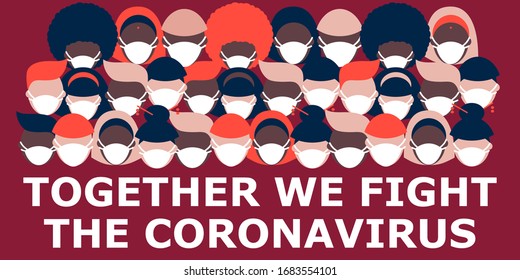 people of different nationalities in white medical face masks  on maroon background. Coronavirus pandemic. Covid-19. together we fight the coronavirus