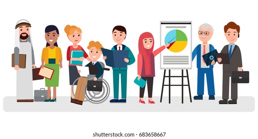 People Of Different Nationalities, Young And Old, With Disabilities, Male And Female Involved In Business Project Isolated Vector Illustration.