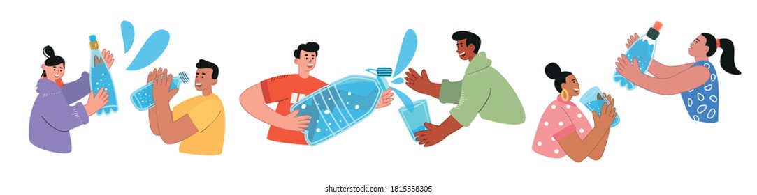 People Of Different Nations Drink Water. World Water Day. The Concept Of Safe Clean Drinking Water For Health And Global Concern For The Environment. Vector Illustration