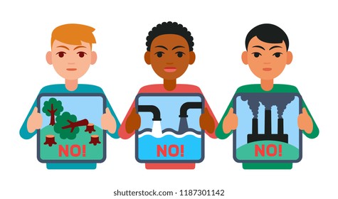 people of different Nations hold placards for the preservation of the environment. cutting down trees, pollution of sea and air