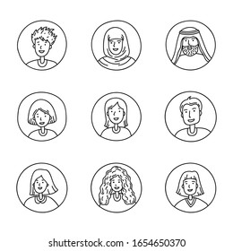 People of different nations icon set. Hand drawn human avatar illustration in doodle sketch style. Vector image.