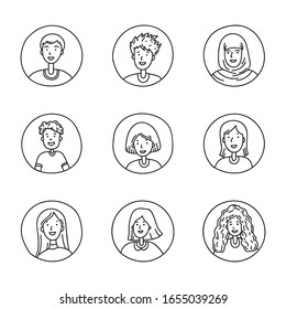 Gente de diferentes naciones conjunto de iconos. Dibujo a mano de avatares humanos en estilo boceto de doodle.Imagen vectorial.