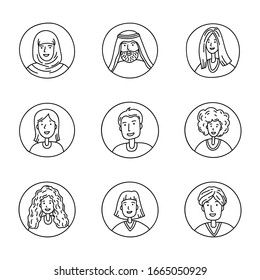 Gente de diferentes naciones conjunto de iconos. Dibujo a mano de avatares humanos en estilo boceto de doodle. Imagen vectorial.