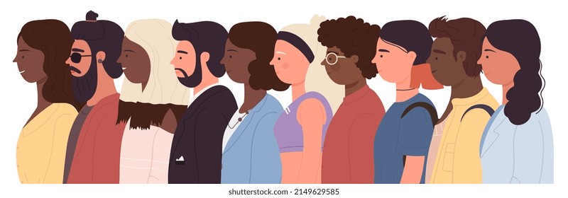 Personas de diferentes naciones y profesiones se mantienen codo con codo. Equipo internacional de personajes de caricatura, ilustración vectorial plana multirracial y multirracial. Conciencia, concepto de movimiento