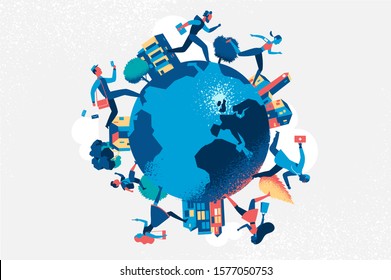 People of different occupation running on the globe - Vector