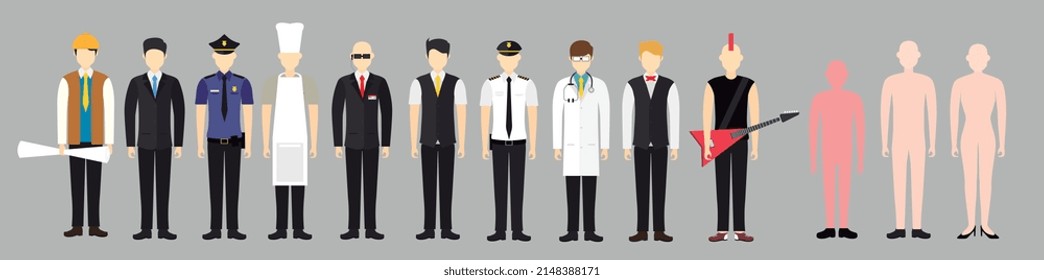 People With Different Occupation Workers Profession Flat Vector Illustration. Engineer, architect, construct, policeman, police, businessman, business, chef, bodyguard, waiter, pilot, doctor, musician