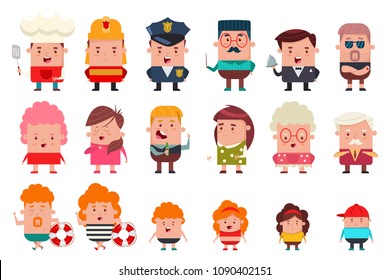 People of different occupations and ages: cook, fireman, policeman, teacher, waiter, grandfather, grandmother, kids and parents. Vector flat cartoon set of funny men and women characters.