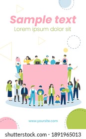 People of different occupations around blank banner. Businessman, housewife, worker, doctor flat vector illustration. Community, society, job concept for banner, website design or landing web page