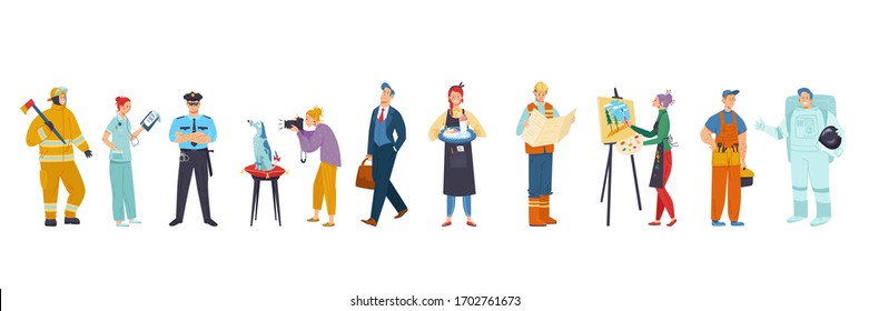 People of different occupations, cartoon characters set of professions, vector illustration. Isolated men, women in work uniform, occupation job career. Businessman, photographer, policeman, waitress