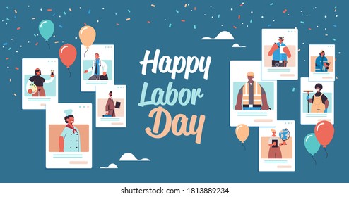 people of different occupations celebrating labor day mix race men women in web browser windows online communication self isolation concept portrait horizontal vector illustration