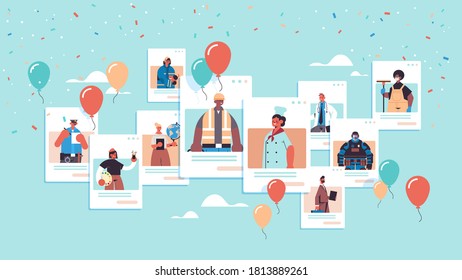 people of different occupations celebrating labor day mix race men women in web browser windows online communication self isolation concept portrait horizontal vector illustration