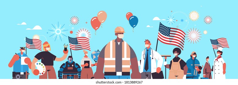 people of different occupations celebrating labor day mix race workers wearing masks to prevent coronavirus pandemic portrait horizontal vector illustration