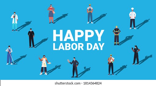 people of different occupations celebrating labor day mix race workers wearing masks to prevent coronavirus pandemic full length horizontal isometric vector illustration