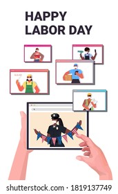 people of different occupations celebrating labor day mix race workers in web browser windows online communication self isolation concept portrait vertical vector illustration