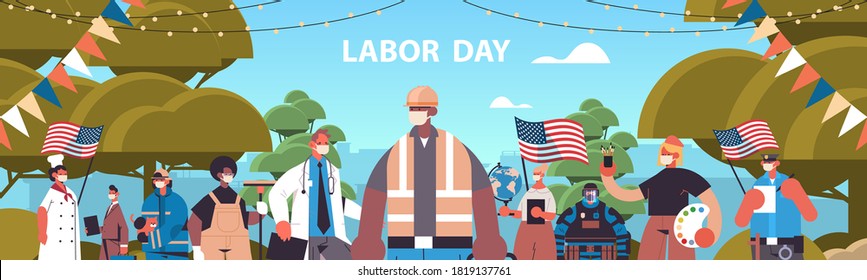 people of different occupations celebrating labor day mix race workers wearing masks to prevent coronavirus pandemic lettering greeting card horizontal portrait vector illustration