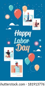 personas de diferentes ocupaciones celebrando el día laboral mezclar razas hombres mujeres en ventanas de navegador web comunicación en línea autoaislamiento concepto retrato vertical vector ilustración