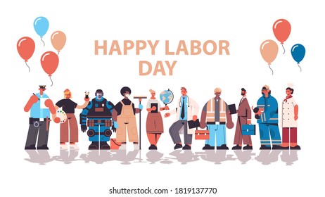 people of different occupations celebrating labor day mix race workers wearing masks to prevent coronavirus pandemic lettering greeting card horizontal full length copy space vector illustration