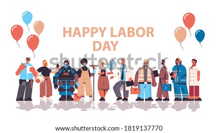 people of different occupations celebrating labor day mix race workers wearing masks to prevent coronavirus pandemic lettering greeting card horizontal full length copy space vector illustration