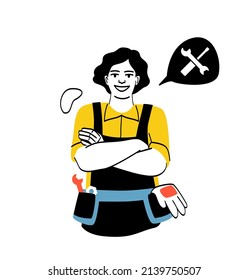 People different occupations. Girl in work clothes with tools. Mechanic or technician ready to fix problems. Character with equipment, worker with inventory set. Cartoon flat vector illustration