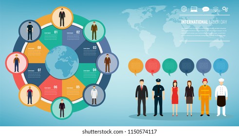 People of different occupations with infographics elements. Professions icons set. Business template for international labor day. Vector illustration