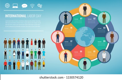 People of different occupations with infographics elements. Professions icons set. Business template for international labor day. Vector illustration
