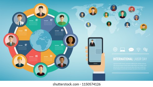 People of different occupations with infographics elements. Professions icons set. Business template for international labor day. Vector illustration
