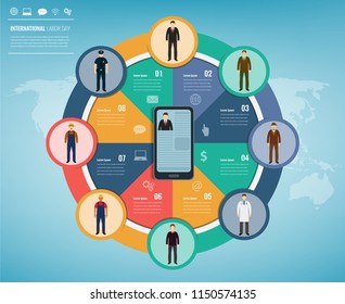 People of different occupations with infographics elements. Professions icons set. Business template for international labor day. Vector illustration