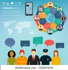 People of different occupations with infographics elements. Professions icons set. Business template for international labor day. Vector illustration