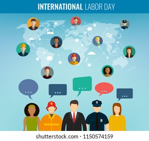 People of different occupations with infographics elements. Professions icons set. Business template for international labor day. Vector illustration